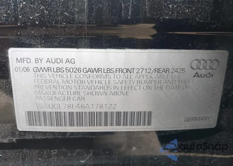 2006 Audi S4 4.2 из США, поврежденный, VIN WAUGL78E46A178122